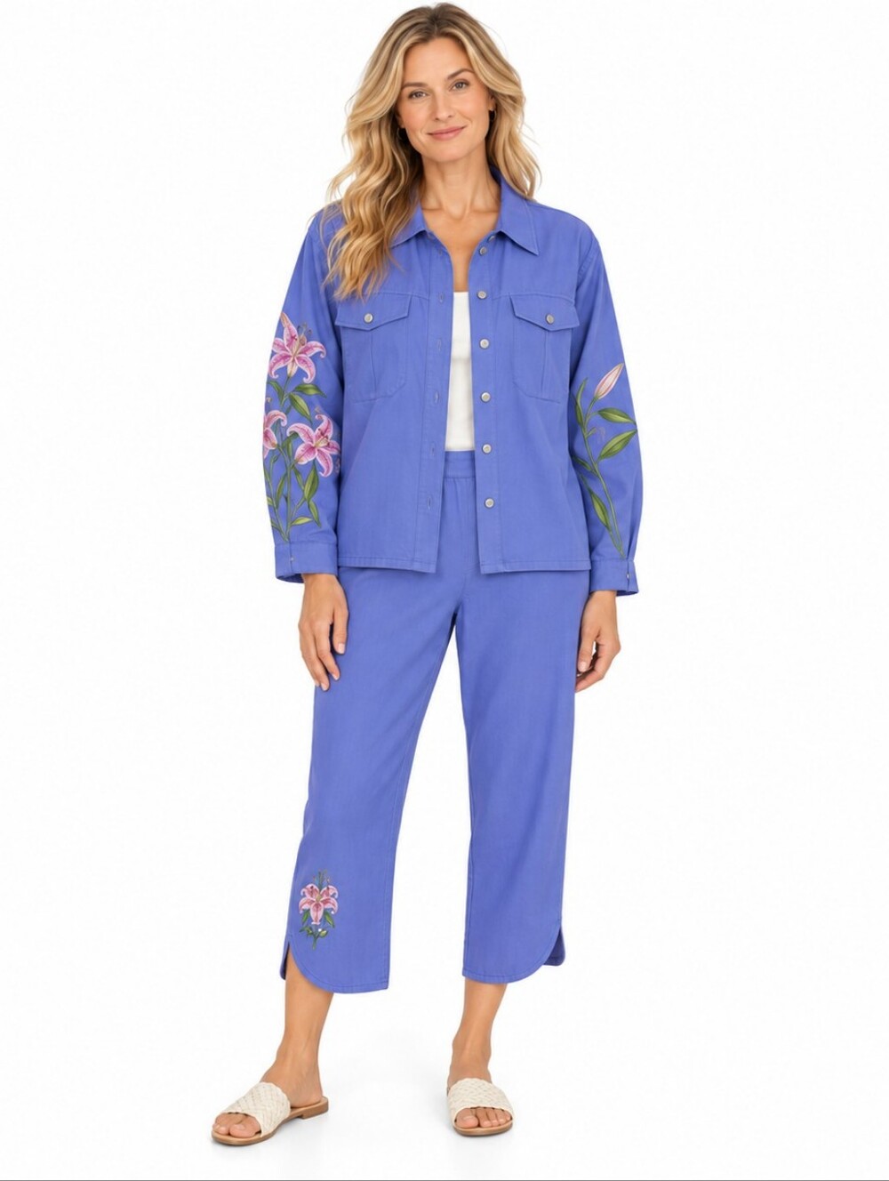 Bob‎ Mackie Wearable Art Cropped Pant Set 1X Periwinkle Blue Floral Cottagecore
